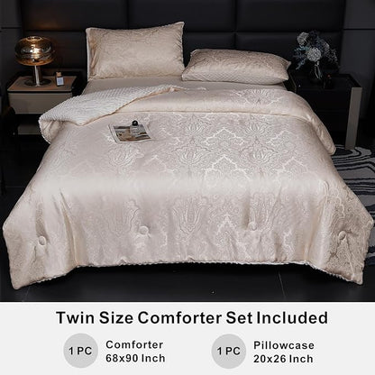Jacquard Comforter Set - Luxury Warm Paisley Floral Pattern Twin Size Bedding with 1 Pillowcase All-Season Soft & Lightweight 3D Bubble Design Bed Set (68x90 Inches Rose Gold)