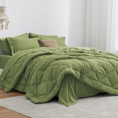 Love's cabin California King Comforter Set Olive Green, 7 Pieces California King Bed in a Bag, All Season Bedding Sets with 1 Comforter, 1 Flat Sheet, 1 Fitted Sheet, 2 Pillowcase and 2 Pillow Sham