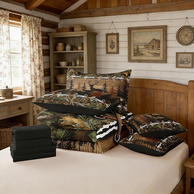 Deer Bed in a Bag Queen Comforter Set 7 Piece | Country Camo Bedding Sets Mens Elk Moose Comforter and Sheet Set, Deer Comforter Set Woodland Animals Farmhouse Bed Sets,Cabin Hunting Decor