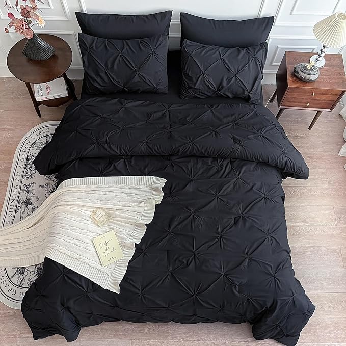 Maple&Stone Black Queen Comforter Set, 7 Pieces Bed in a Bag Queen, Pintuck Bedding Sets with Comforter, Sheets, Pillowcases & Shams - Black