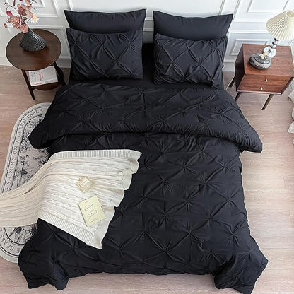 Maple&Stone Black Queen Comforter Set, 7 Pieces Bed in a Bag Queen, Pintuck Bedding Sets with Comforter, Sheets, Pillowcases & Shams - Black