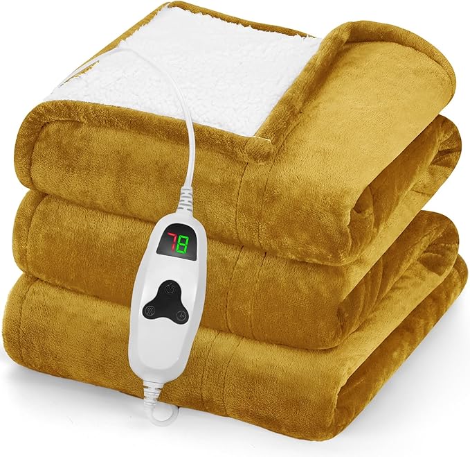 greenoak Heated Blanket Electric Throw 50"X60", Heating Blankets with 10 Heat Levels 8 Hours Auto-Off, Soft Flannel Sherpa Fluffy House Warming Gifts for Grandma Seniors Mom,Brownish Yellow