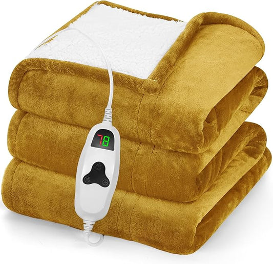greenoak Heated Blanket Electric Throw 50"X60", Heating Blankets with 10 Heat Levels 8 Hours Auto-Off, Soft Flannel Sherpa Fluffy House Warming Gifts for Grandma Seniors Mom,Brownish Yellow