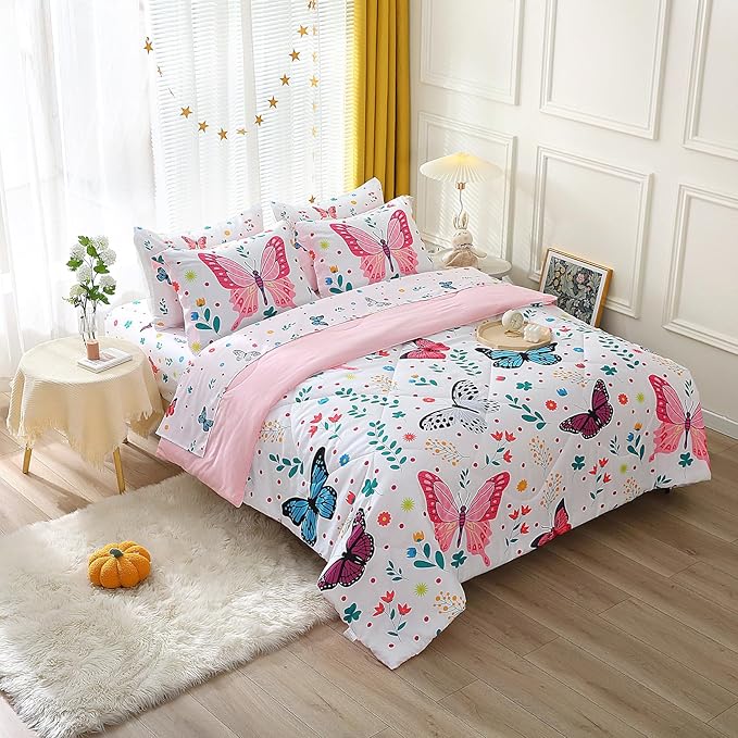 Butterfly Comforter Set Twin Size for Girls Kids Teens 7 Piece Bed in A Bag Colorful Butterflies Flower Leaves Bedding Set All Season Lightweight