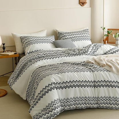 CLOTHKNOW Waves Striped Comforter Set Twin Black White Bedding Comforter Sets Black Grey White Farmhouse Comforter with 2 x Pillow Cases