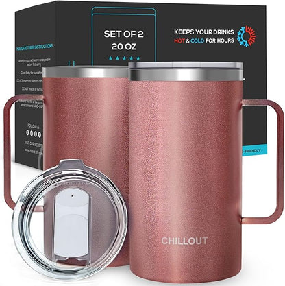 CHILLOUT LIFE Stainless Steel Vacuum Insulated Coffee Mug 20 oz (Set of 2) with Handle and Lid, Large Thermal Camping Coffee Mugs with Sliding Lid for Men & Women, Keeps Your Beverages Hot & Cold