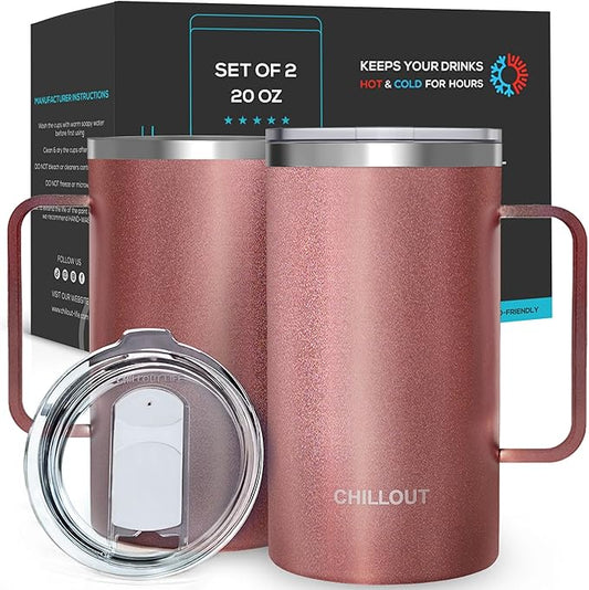 CHILLOUT LIFE Stainless Steel Vacuum Insulated Coffee Mug 20 oz (Set of 2) with Handle and Lid, Large Thermal Camping Coffee Mugs with Sliding Lid for Men & Women, Keeps Your Beverages Hot & Cold
