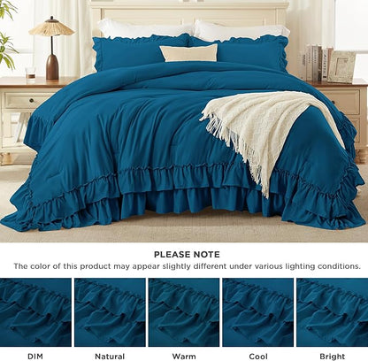 Andency Teal California King Comforter Set (104x96Inch), 3 Pieces Farmhouse Shabby Chic Ruffle Bedding Sets, Lightweight Fluffy Soft All Season Bed Set