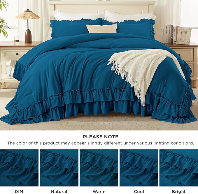 Andency Teal Twin Size Comforter Set, 2 Pieces Lightweight Fluffy Ruffle Bedding Set for Dorm, All Season Soft Farmhouse Shabby Chic Bed Set for Kids (66x90In)