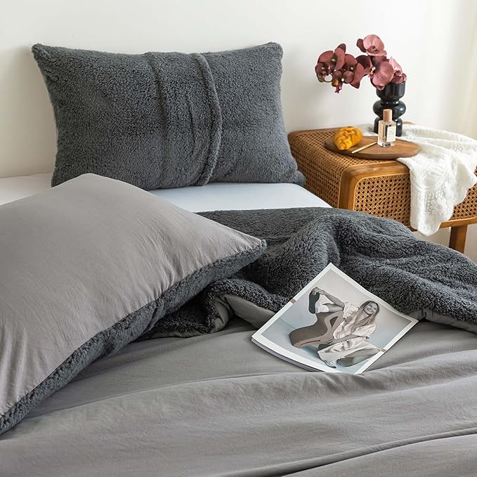COTTEBED Warm Full Queen Comforter Set Reversible Sherpa Comforter and Pillow Shams, Soft Cozy Fluffy Washed Cotton Lightweight Bedding Down Comforter Queen Set Size for Bedroom Winter Christmas,Brown