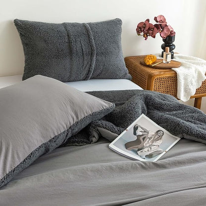 COTTEBED Warm Full Queen Comforter Set Reversible Sherpa Comforter and Pillow Shams, Soft Cozy Fluffy Washed Cotton Lightweight Bedding Down Comforter Queen Set Size for Bedroom Winter Christmas,Brown