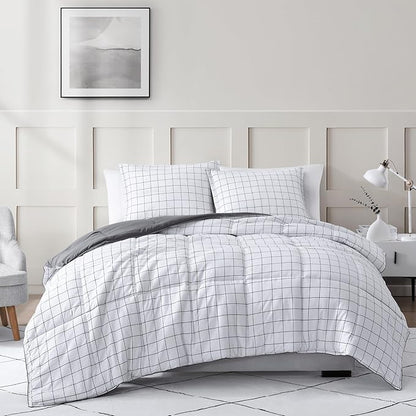 Casa Platino Queen Comforter Set - Pre-Washed Duvet Insert & 2 Pillow Shams - Brushed Microfiber Windowpane
