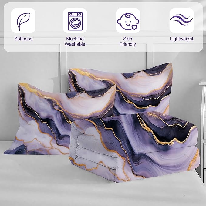 Marble Purple Bedding Set for Kids Women Queen Size Purple Gold Tie-Dye Comforter Set Modern Quilt Gradient Comforter for All Age Abstract Bed Sets with 1 Comforter + 2 Pillowcases