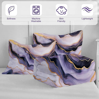 Marble Purple Bedding Set for Kids Women Queen Size Purple Gold Tie-Dye Comforter Set Modern Quilt Gradient Comforter for All Age Abstract Bed Sets with 1 Comforter + 2 Pillowcases