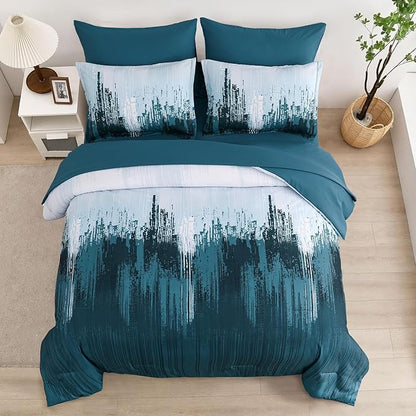 WONGS BEDDING Comforter Set King, Teal Blue 7 Pieces Bed in a Bag Colorful Abstract Art Gradient Comforter Soft Microfiber Bedding Set with Comforter,Flat Sheet,Fitted Sheet,Pillow Shams,Pillowcases