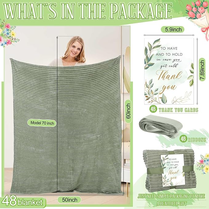 Buryeah 48 Pcs Wedding Flannel Fleece Throw Blanket Bulk with Thank You Card and Ribbon, 50 x 60 in Oeko-TEX Standard 100 Certified Blankets Outdoor Wedding, Guest Party Souvenirs (Sage Green)