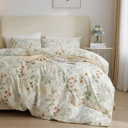 mixinni Floral Comforter Sets King Size Bed Fluffy Green Leaves Red Flower Print on White Comforter Set, 3 Pieces Cute Botanical Bedding Set with 2 Pillowcases for All Season