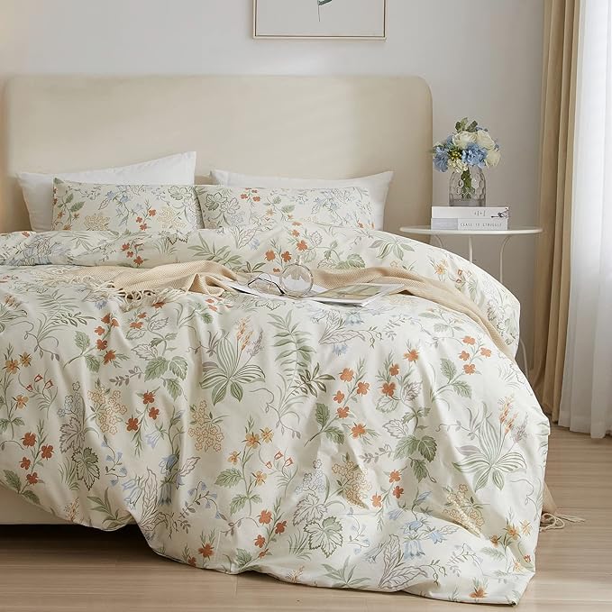 mixinni Fresh Floral Comforter Sets Full Size Bed Garden Style Vibrant Colored Comforter Botanical Flower Green Leaves 3-Piece Bedding Comforter Set for Teens Kids-Full Size
