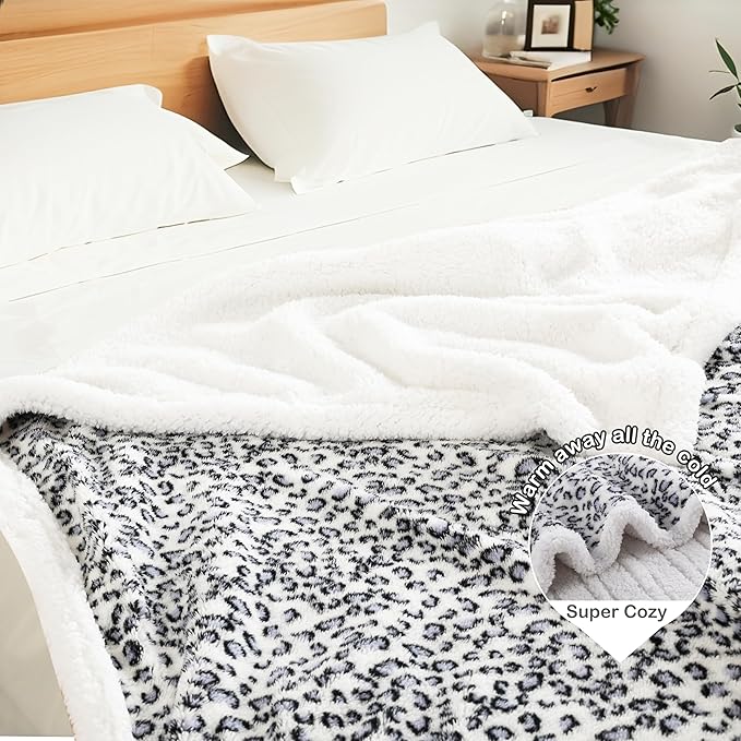 Electric Heated Blanket Throw Size 50"×60" with 9 Heating Levels & 1-10 Hs auto Off, Heating Throw Double Sided Sherpa, Energy Efficient, Machine Washable, Leopard Print Blue & White