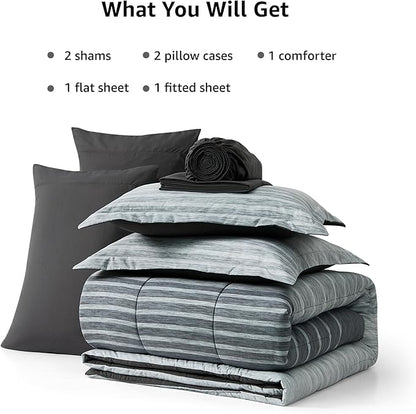 Monbix King Size Comforter Set - 7 Pieces Bed in a Bag King, Grey-Stripe Bedding Sets, All Seasons Comforter Bed Set with Sheets, Pillowcases & Shams