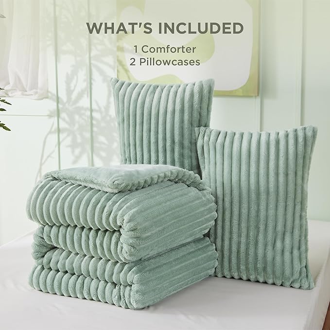 Bedsure King Size Comforter Set - GentleSoft™ 3 Pieces Fluffy Double-Side Fleece Comforter Set, Cozy Striped Room Decor Aesthetic, Luxury Sage Green King Bedding with 2 Pillowcases, 104x90 Inches