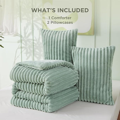 Bedsure King Size Comforter Set - GentleSoft™ 3 Pieces Fluffy Double-Side Fleece Comforter Set, Cozy Striped Room Decor Aesthetic, Luxury Sage Green King Bedding with 2 Pillowcases, 104x90 Inches