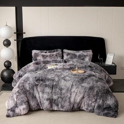 chovy Faux Fur Tie-Dyed Black Gray White Colorful Comforter Sets Twin - 3PC Bed Set Ultra Soft Plush Flannel Velvet Fluffy Fuzzy Bedding（Comforter x 1 Pillowcases x 2）