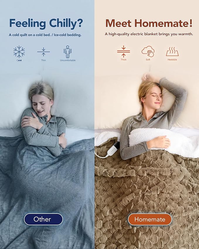 Homemate Heated Blanket Electric Throw - 50"x60" Heating Blanket Throw 4 Hours Auto-Off 10 Heat Levels Over-Heat Protection Luxury 800 GSM Faux Fur 200 GSM Sherpa ETL Certification
