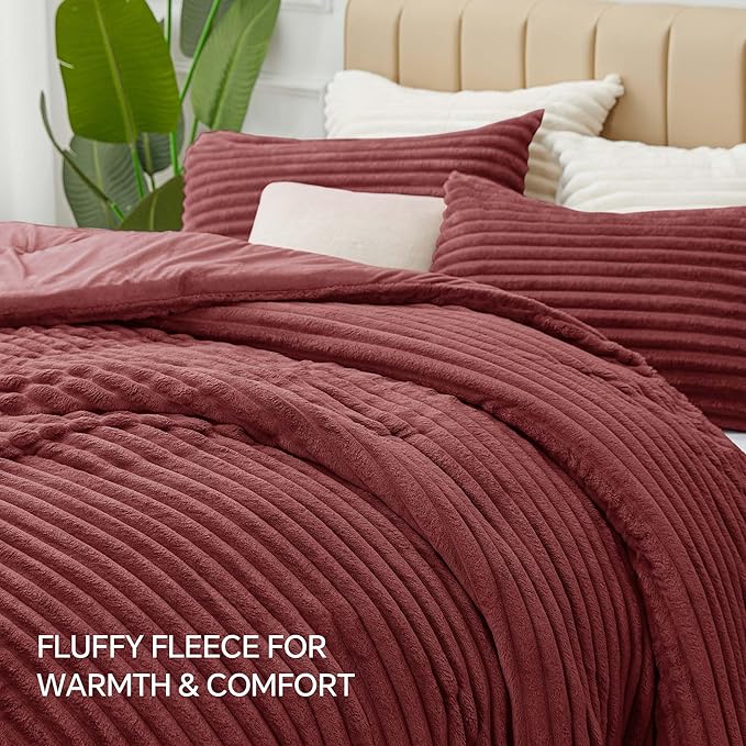 BEDELITE Fleece Queen Comforter Set -Super Soft & Warm Fluffy Burgundy Bedding, Luxury Fuzzy Heavy Bed Set for Winter with 2 Pillow Cases