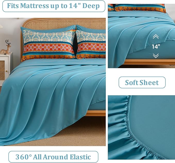 Boho Comforter Set Queen Size,7 Pieces Bohemian Comforter Bedding Set Bed in a Bag,Teal Paisley Floral Comfortet and Sheet Set,Soft Microfiber Striped Bedding Sets for All Season