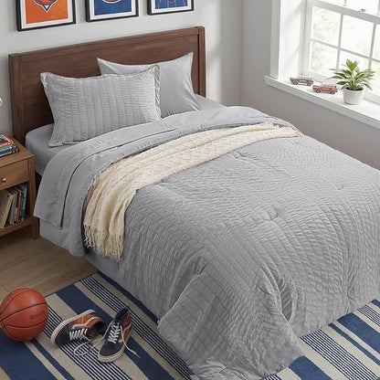 Zzlpp Twin Comforter Set 5 Pieces, Light Grey Seersucker Bed in a Bag with Comforter, Pillow Sham, Pillowcase, Flat Sheet, Fitted Sheet