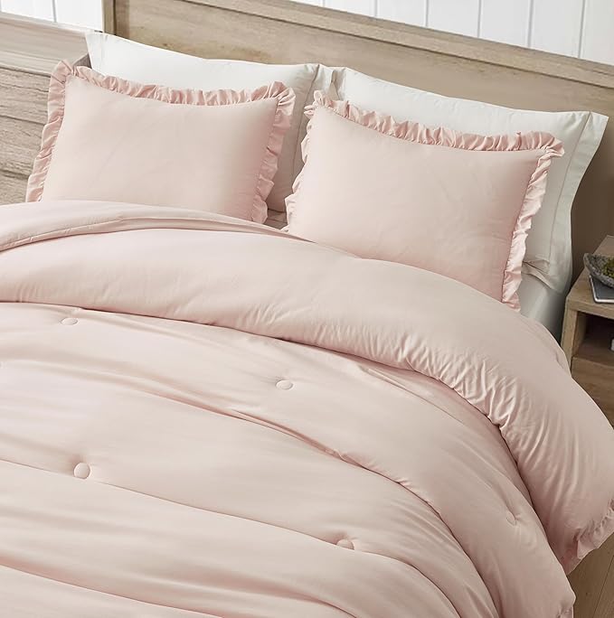 Chezmoi Collection Nora Blush Comforter Set Oversized Queen 3-Piece Lightweight Soft Stone-Washed Ruffled Shabby Chic Bedding for All Season