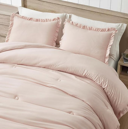 Chezmoi Collection Nora Blush Comforter Set Twin Size 2-Piece Lightweight Soft Stone-Washed Ruffled Shabby Chic Bedding for All Season