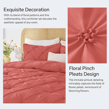 BEDELITE Coral Twin Comforter Set - 2 Peices Boho Pintuck Bedding Comforter Sets, Lightweight Soft & Warm Twin Bedding Sets with 1 Pillowcase for All Season