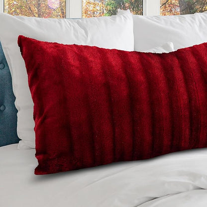 Cheer Collection Faux Fur Long Body Pillow - Accent Throw Pillow for Bed and Couch - Decorative Lumbar Pillow with Insert, Maroon (18" x 40")
