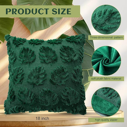 2 Pcs Tropical Palm Monstera Leaves Throw Pillow Covers 18 x 18 Inches Green Farmhouse Decorative Pillow Covers Soft Plush Faux Fur Wool Pillowcase for Bed Sofa Living Room