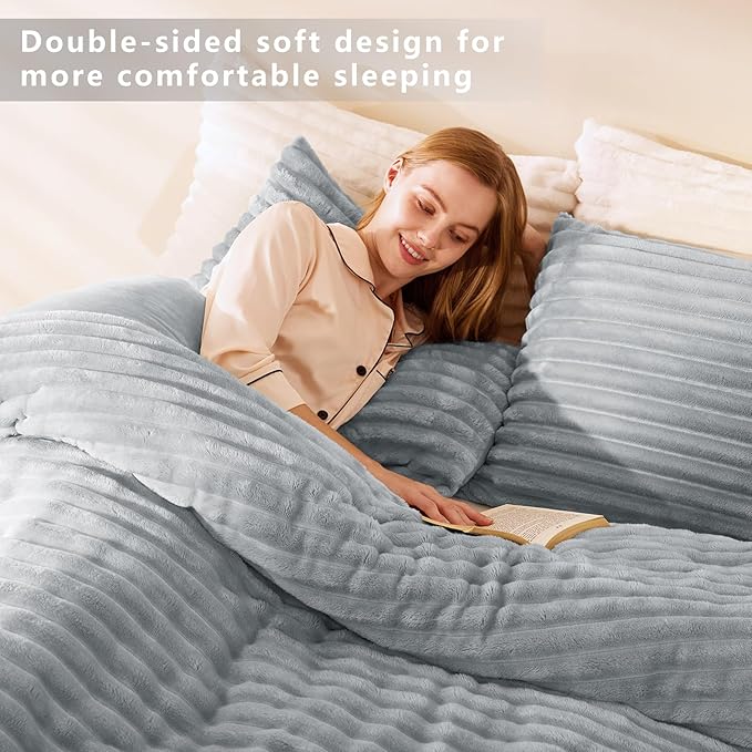 CozyLux Fluffy King Size Comforter Set - Super Soft Faux Fur Grey Comforter King Size, Winter Warm Fleece Bedding Set, 3 Pieces Plush Fuzzy Bed Set (1 Shaggy Comforter, 2 Pillowcases)