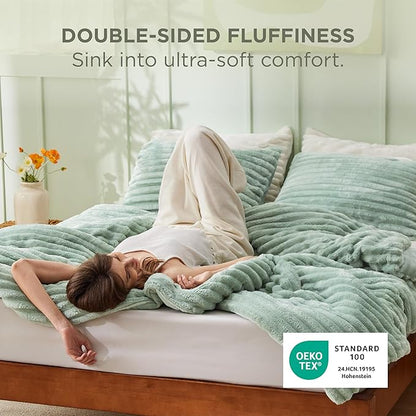 Bedsure California King Comforter - GentleSoft™ 3 Pieces Double-Side Fleece Comforter Set, Cozy Striped Room Decor Aesthetic, Luxury Sage Green Cal King Bedding with 2 Pillowcases, 104x96 Inches