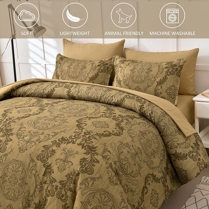 WONGS BEDDING Gold Comforter Set Queen Size, Damask Texture Design 7 Pieces Bed in a Bag Microfiber Comforter Bedding Sets -1 Comforter, 1 Flat Sheet, 1 Fitted Sheet, 2 Pillow Shams, 2 Pillowcases
