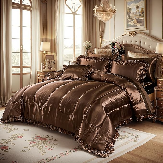 Satin Comforter Set with Sheet Set King 8 Pcs Borwn Bed in a Bag Dark Coffee Bedding Set Silk Like Satin Ruffle Home Deocr Sexy Hotel Silky Bed Set with 1 Cushion Cover