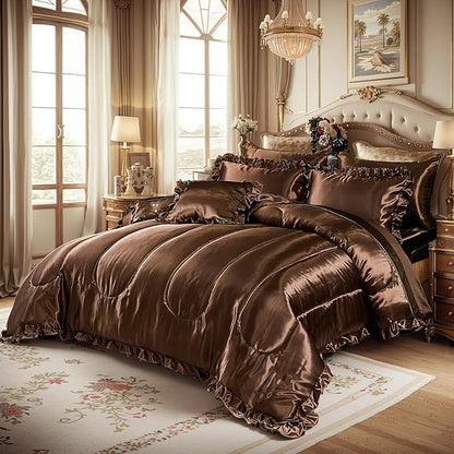 Satin Comforter Set with Sheet Set King 8 Pcs Borwn Bed in a Bag Dark Coffee Bedding Set Silk Like Satin Ruffle Home Deocr Sexy Hotel Silky Bed Set with 1 Cushion Cover