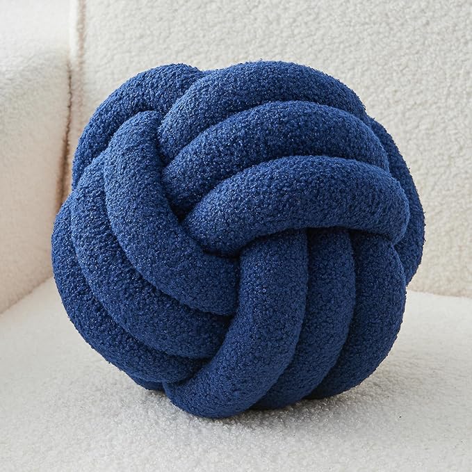 Decorative Throw Knot Pillow Ball for Home Chair Sofa Couch Bed Aesthetic Round Decor Pillows Lambswool Knotted Pillow Cushion (Navy Blue, 8 inches)