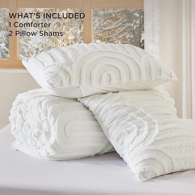 Bedsure Boho Tufted White California King Comforter, GentleSoft™ 3 Pieces Boho Farmhouse Decor Bedding, Arch Shabby Chic Bedding for All Seasons, 1 Bed Comforter, 2 Pillow Shams, 104x96 Inches