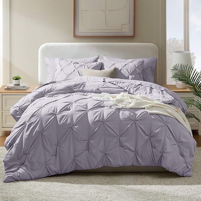 Nestl California King Comforter Set 7 Piece - Pintuck Cal King Comforter Set Grey Lavender, California King Bed in a Bag, All Season Bed Set with Flat Sheet and Fitted Sheet, Pillowcases and Shams