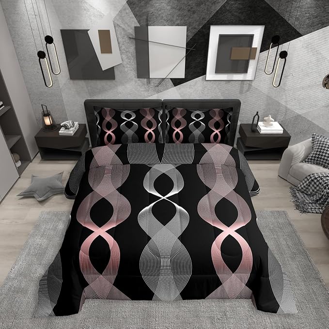 Erosebridal Pink and Black Twin Bedding Set for Girls, Boho Pink Striped Abstract Comforter Set, Contemporary Aesthetic Ombre Line Comforter for Women Teens Bedroom, Modern Geometric Stripes Quilt