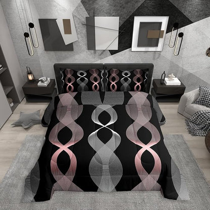 Erosebridal Pink and Black Twin Bedding Set for Girls, Boho Pink Striped Abstract Comforter Set, Contemporary Aesthetic Ombre Line Comforter for Women Teens Bedroom, Modern Geometric Stripes Quilt