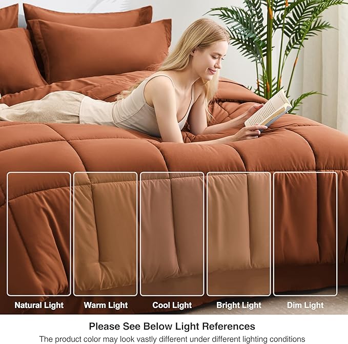 Love's cabin Twin Comforter Set Burnt Orange, 5 Pieces Twin Bed in a Bag, All Season Bedding Sets with 1 Comforter, 1 Flat Sheet, 1 Fitted Sheet, 1 Pillowcase and 1 Pillow Sham
