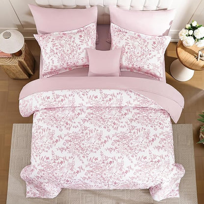 WONGS BEDDING Queen Size Comforter Set, 8 Pieces Pink Floral Bed in a Bag Comferter Sets, Botanical Print Soft Fluffy Microfiber Complete Bedding Sets for All Season (90"x90")