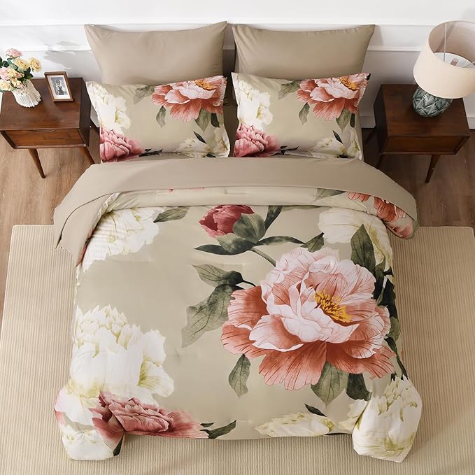 Dobuyly Queen Comforter Set 7 Piece Bed in a Bag, Pink Floral Printed on Khaki Comforter Set with Sheets, Soft Microfiber Botanical Farmhouse Bedding Set for All Season