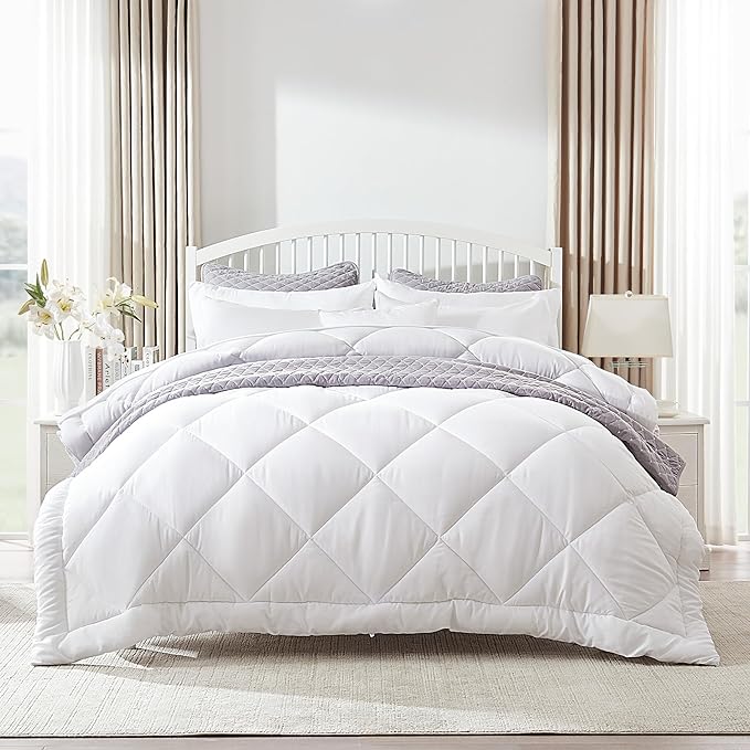 Comforter King Size, 7 Pieces Luxurious All Season Cooling Fluffy Soft Quilted Down Alternative Comforter (102x90 Inch), Box Stitched (White Square, King)